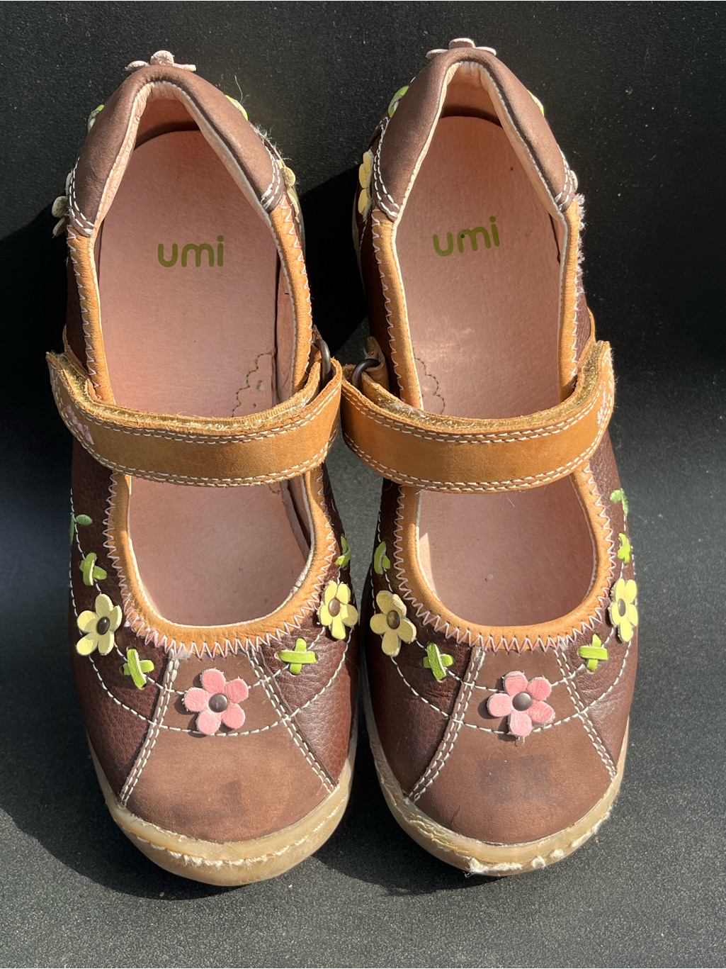 Umi Praline Brown Mary Jane Shoes With Pink& Yellow Flower Accents Size 32/Us 1